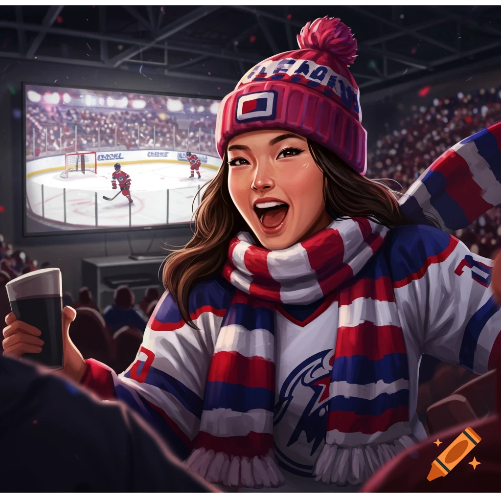 Illustration of a woman cheering and holding a drink while watching a hockey game on a large screen in a stadium.