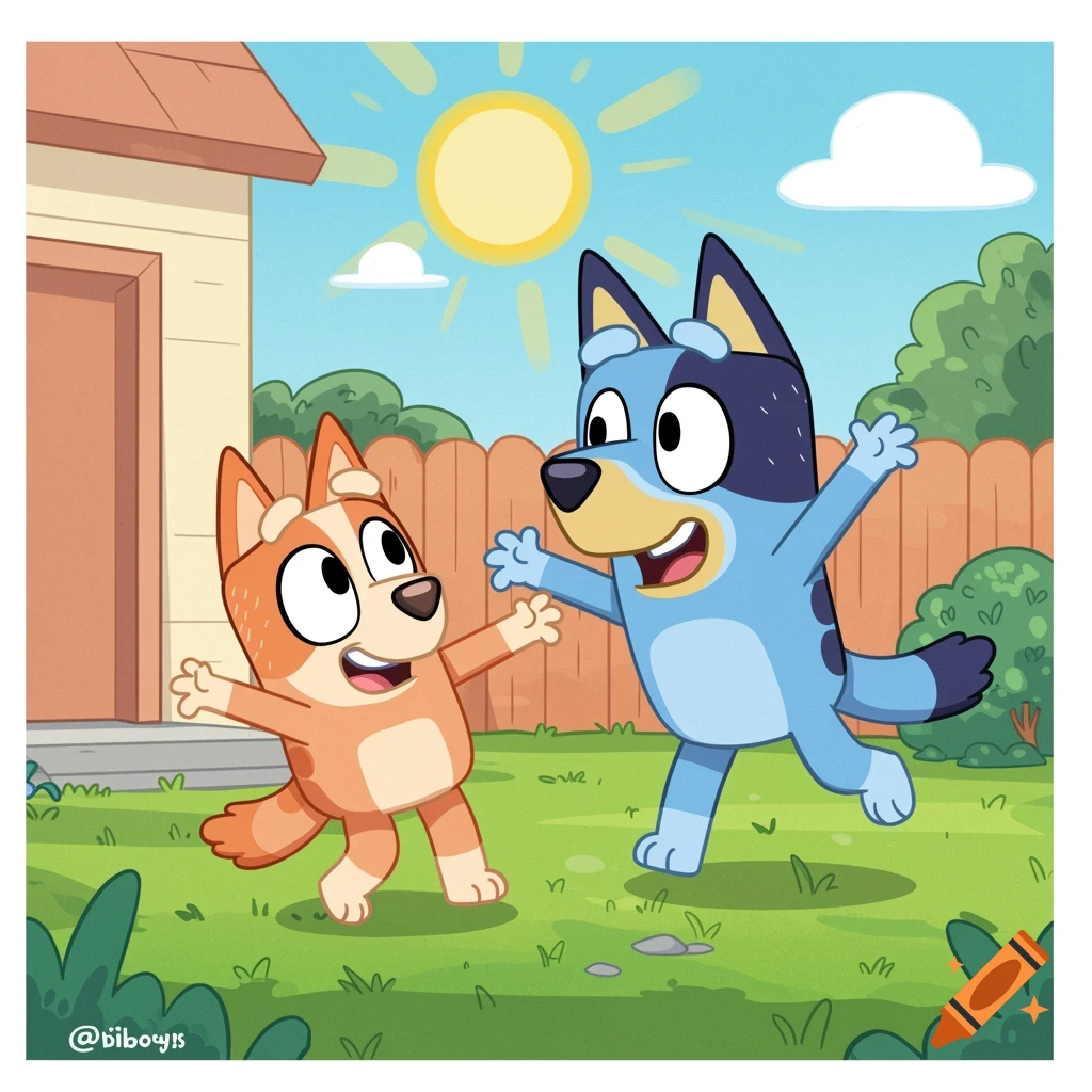 Bluey and Bingo cartoon characters playing in a backyard.
