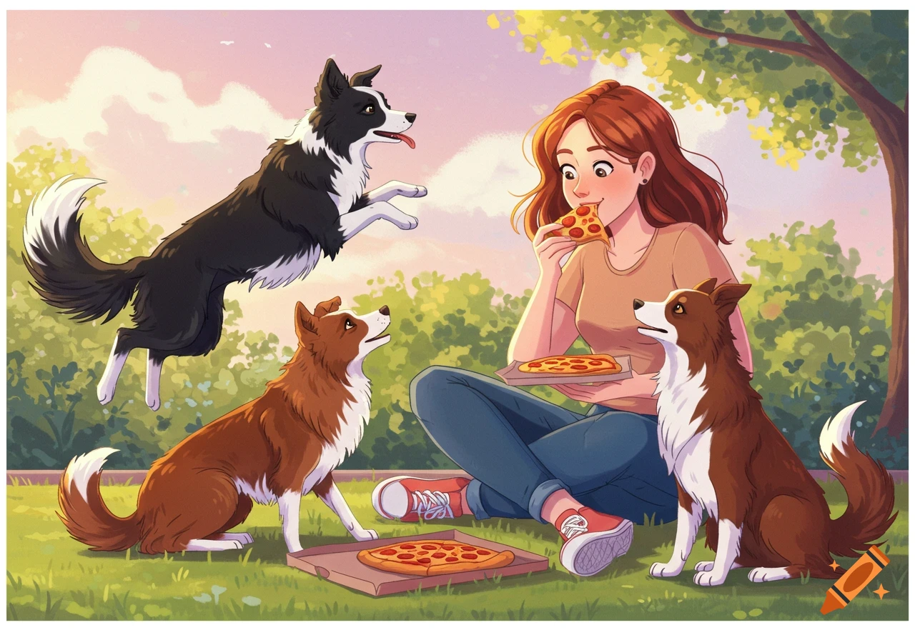 Illustration of a woman eating pizza in a park with three border collies, one jumping.