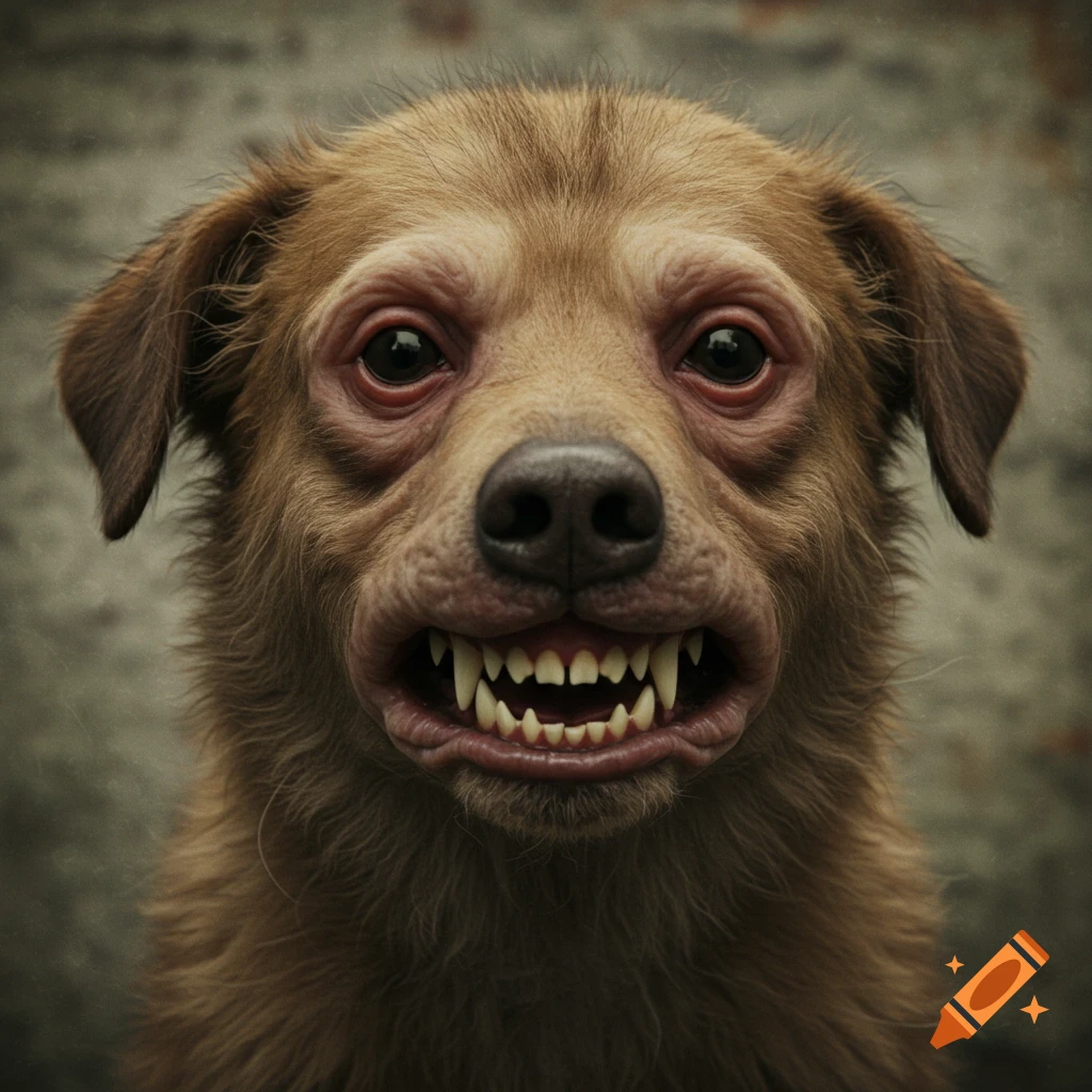 Photorealistic close-up of an uncanny dog with human-like facial features and sharp teeth.