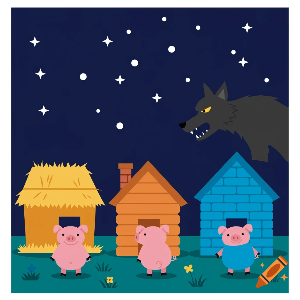 Cartoon illustration of three pigs and a wolf outside houses at night.