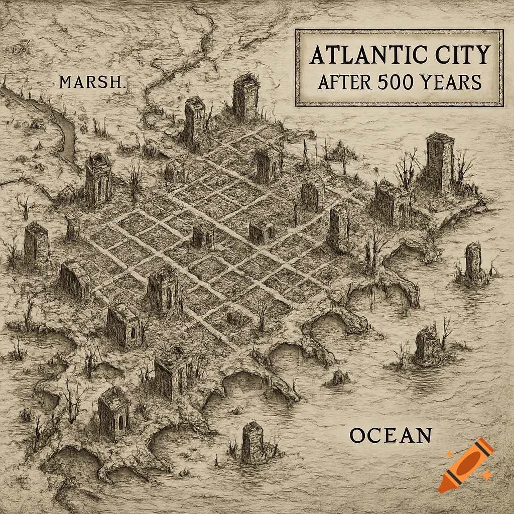 A black and white drawing of a map showing the ruins of Atlantic City after 500 years.