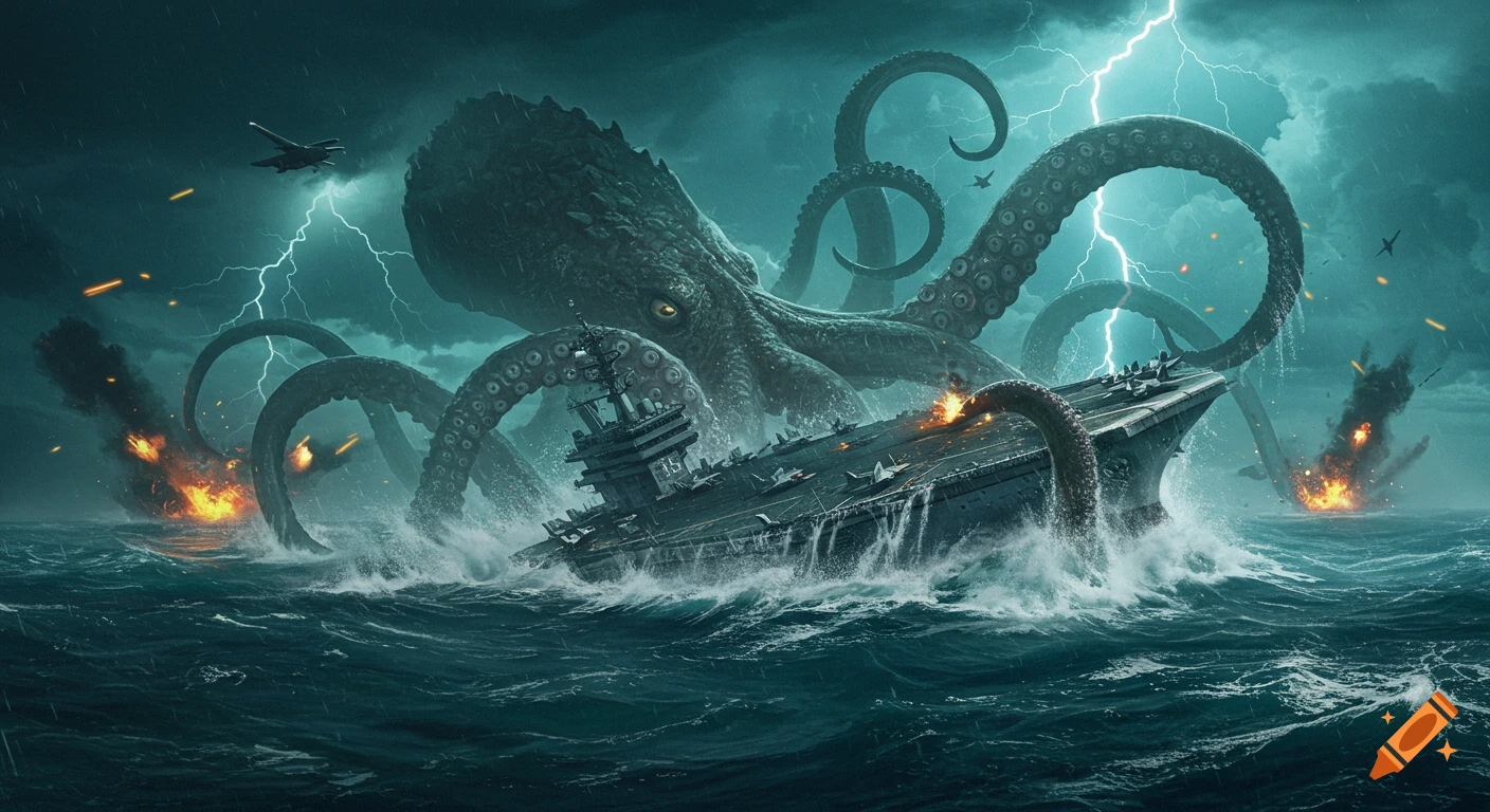 Giant kraken attacks a US aircraft carrier in a stormy sea with lightning and explosions.
