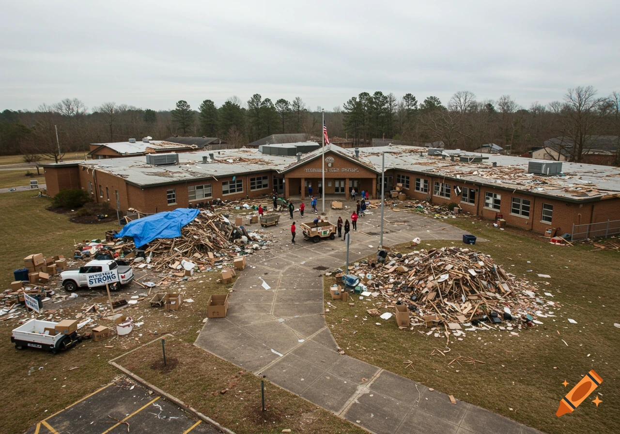 Aerial view of a damaged school building with debris piles, people, and trucks during recovery.