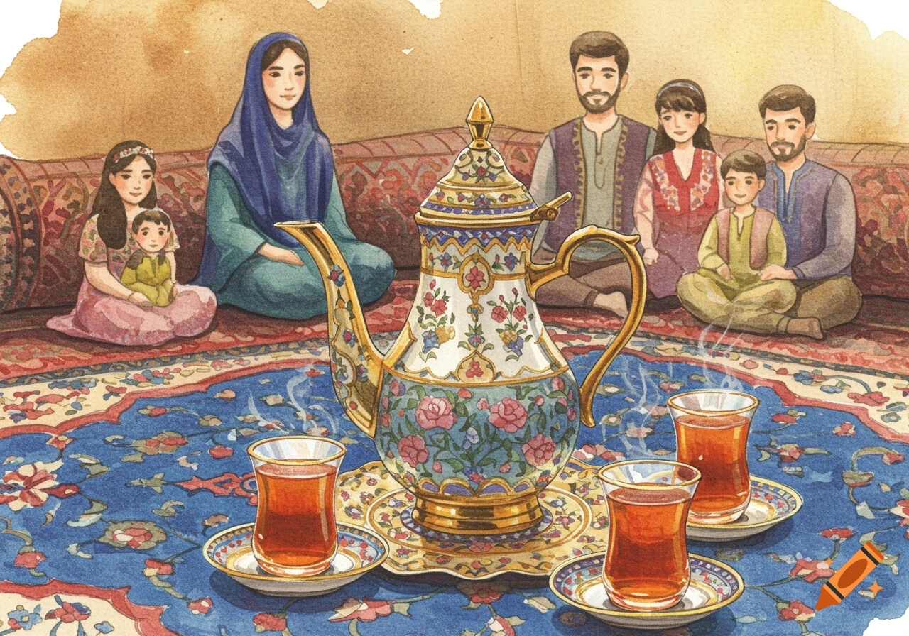 Watercolor painting of a family sharing tea around a large teapot on a Persian carpet.