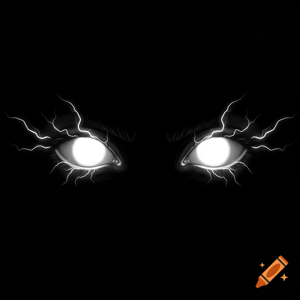 Glowing white eyes with lightning against a black background.