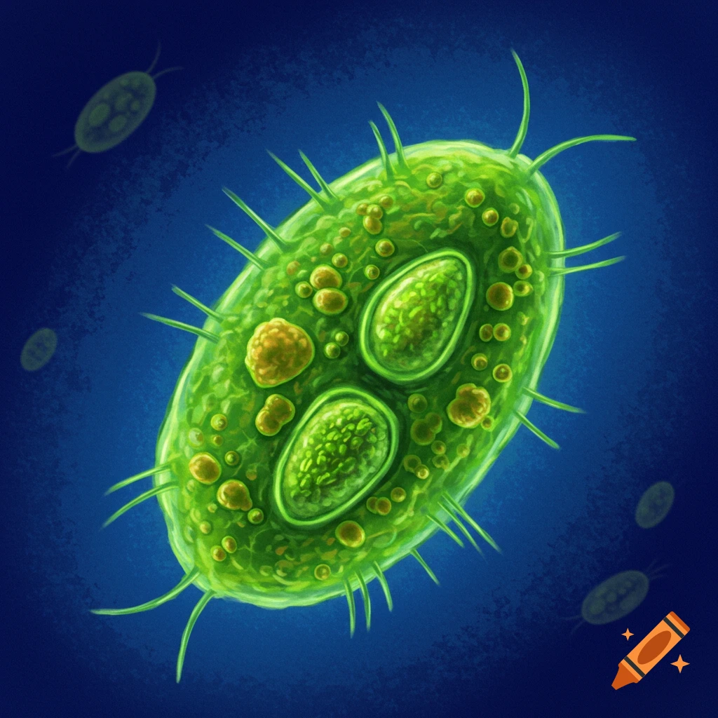 Illustration of a green microscopic cell with spines and internal structures against a dark blue background.