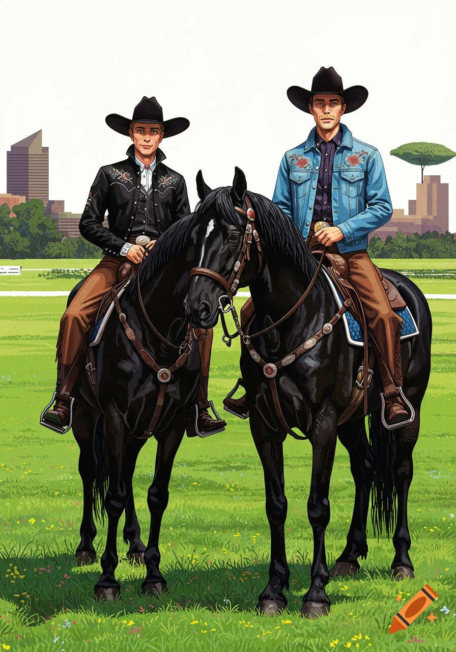 Two cowboys on black horses in a field with a city skyline behind them.