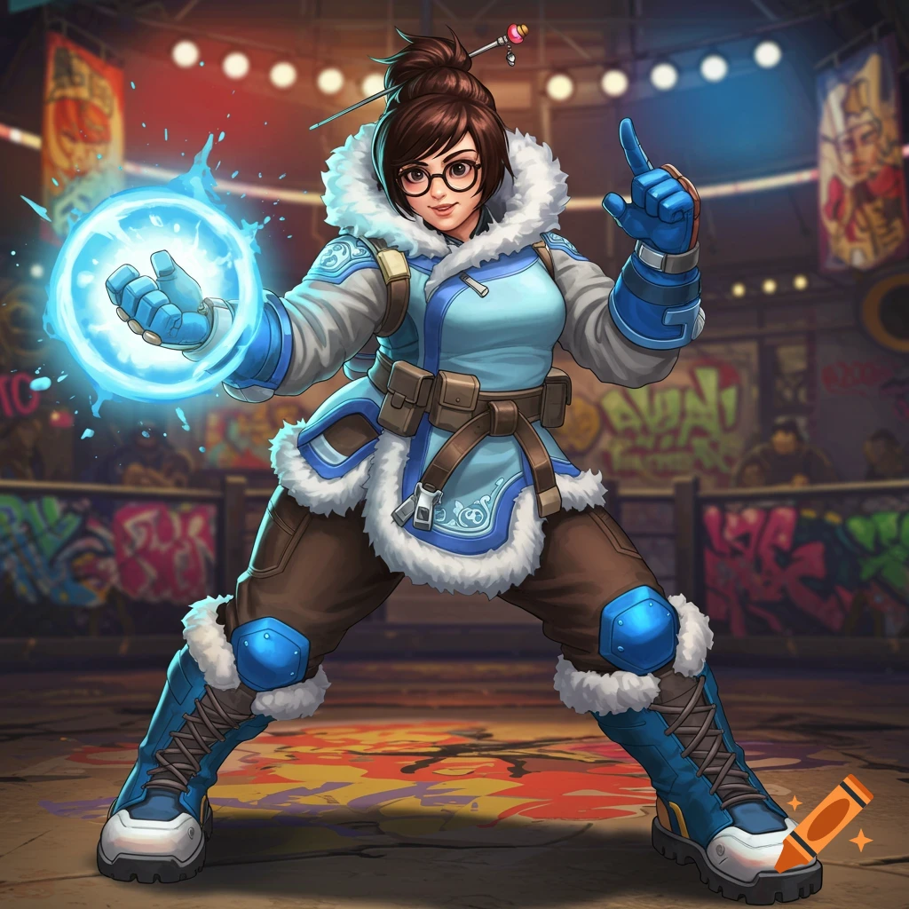 Mei from Overwatch in a Street Fighter style outfit stands in an arena, holding a glowing blue orb and pointing.