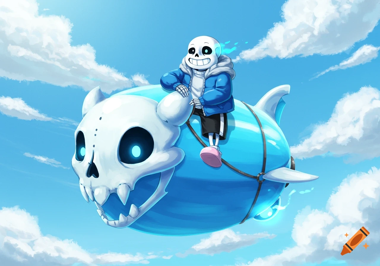 Sans rides a blue Gaster Blaster blimp through the clouds.