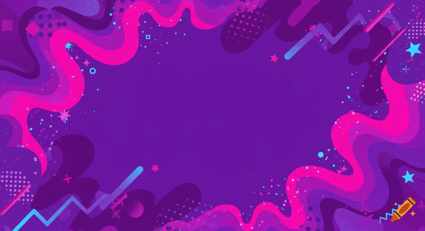 Abstract purple background with pink and blue wavy shapes, dots, and geometric elements.