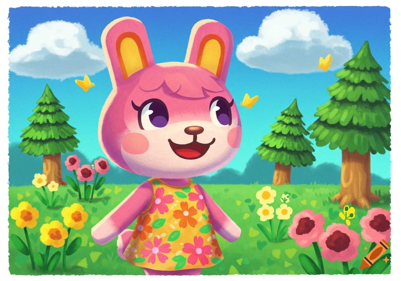 A pink bunny Animal Crossing character stands in a field of flowers and trees.