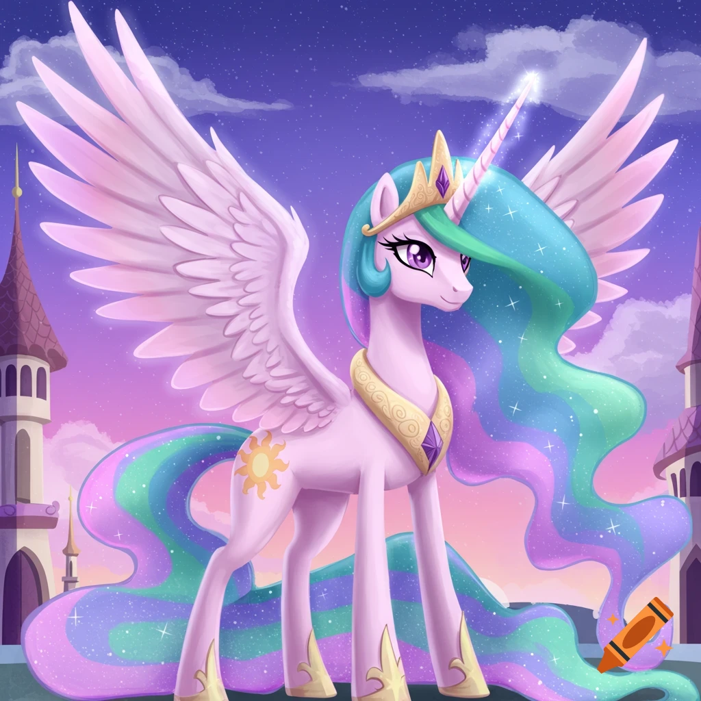 Princess Celestia standing in front of towers with a sunset sky