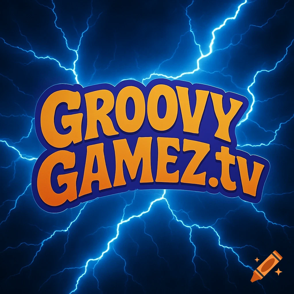 Logo with orange and blue text 'GROOVY GAMEZ.tv' against a background of blue lightning.