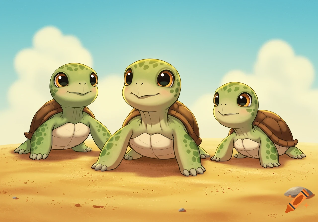 Three cartoon turtle hatchlings on a sandy beach.