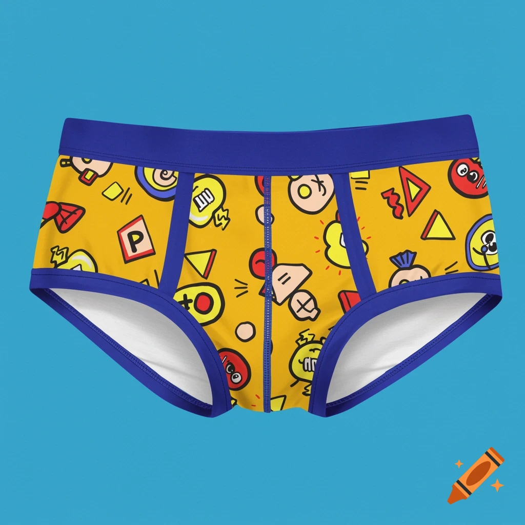 Yellow and blue boys' underwear with a cartoon pattern of characters and symbols.