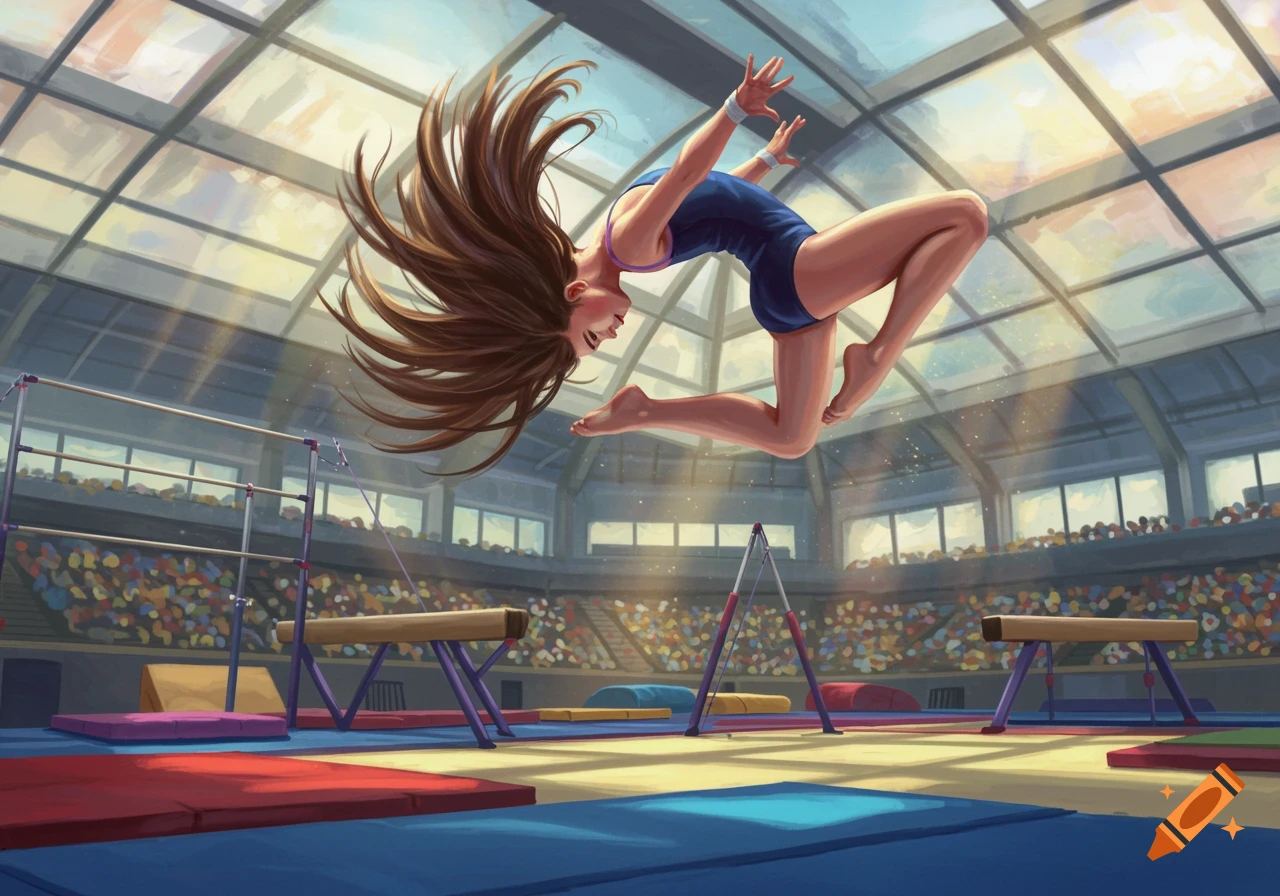 Illustration of a girl doing a flip in a gymnastics arena