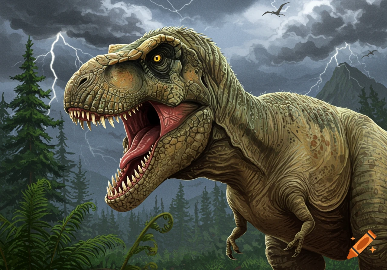 An illustration of a Tyrannosaurus Rex roaring in a stormy prehistoric landscape with lightning.