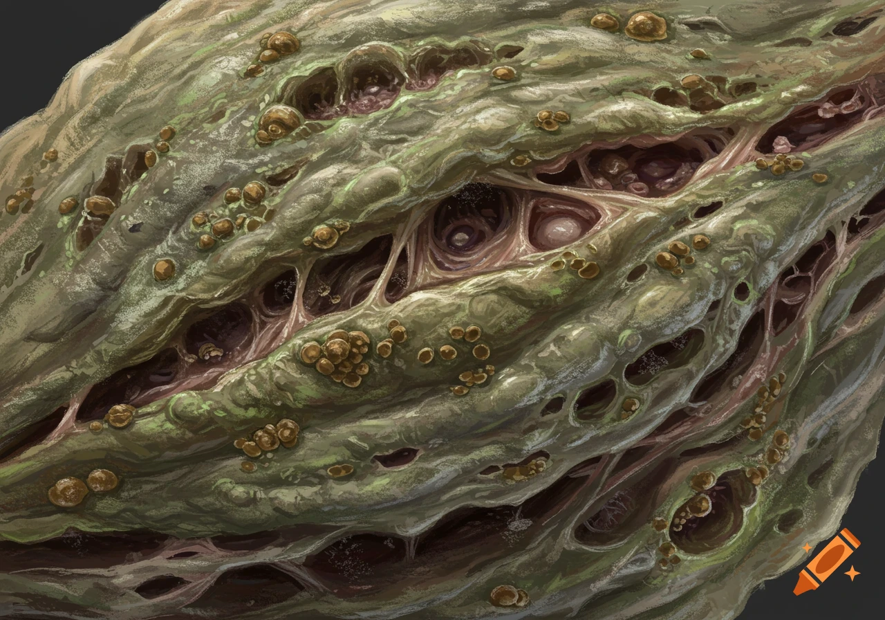 Close-up of green and brown rotten flesh texture with holes and growths