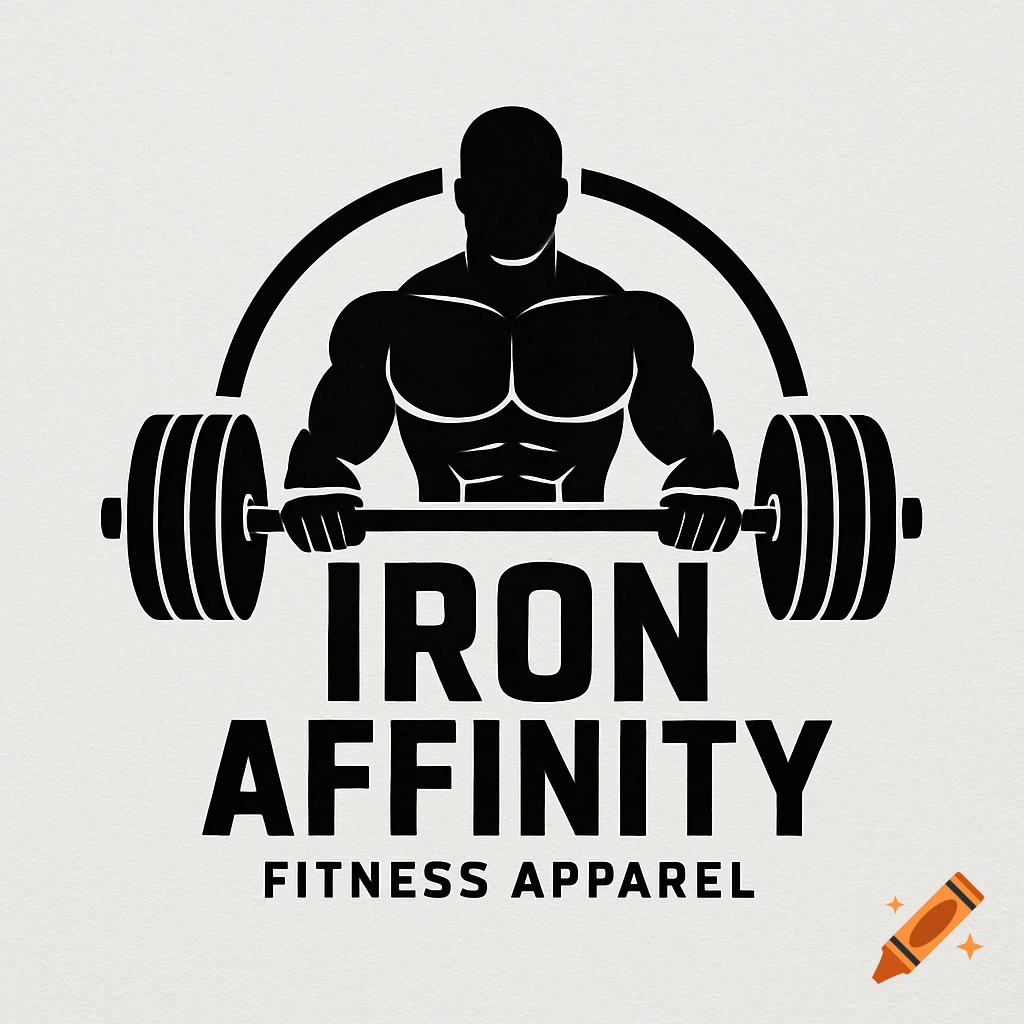 Black and white logo of muscular person lifting barbell with text IRON AFFINITY FITNESS APPAREL