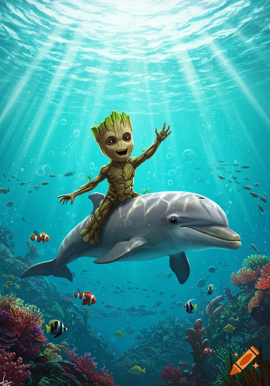 Baby Groot riding a dolphin underwater surrounded by colorful coral and fish.