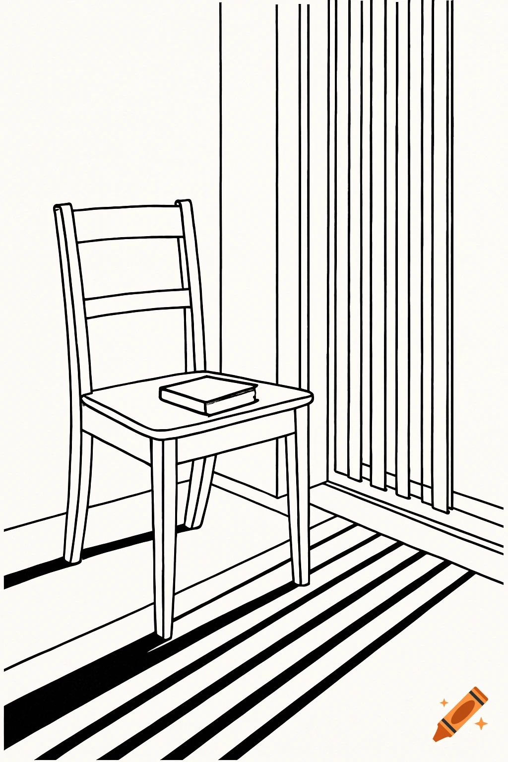 A minimalistic black and white line drawing of a chair with a book on ...