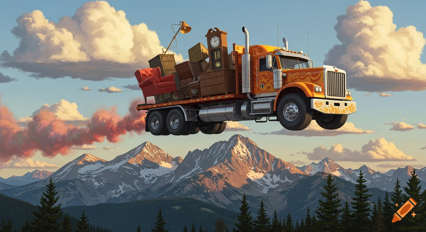 An orange semi-truck loaded with furniture flies over snow-capped mountains and forests.