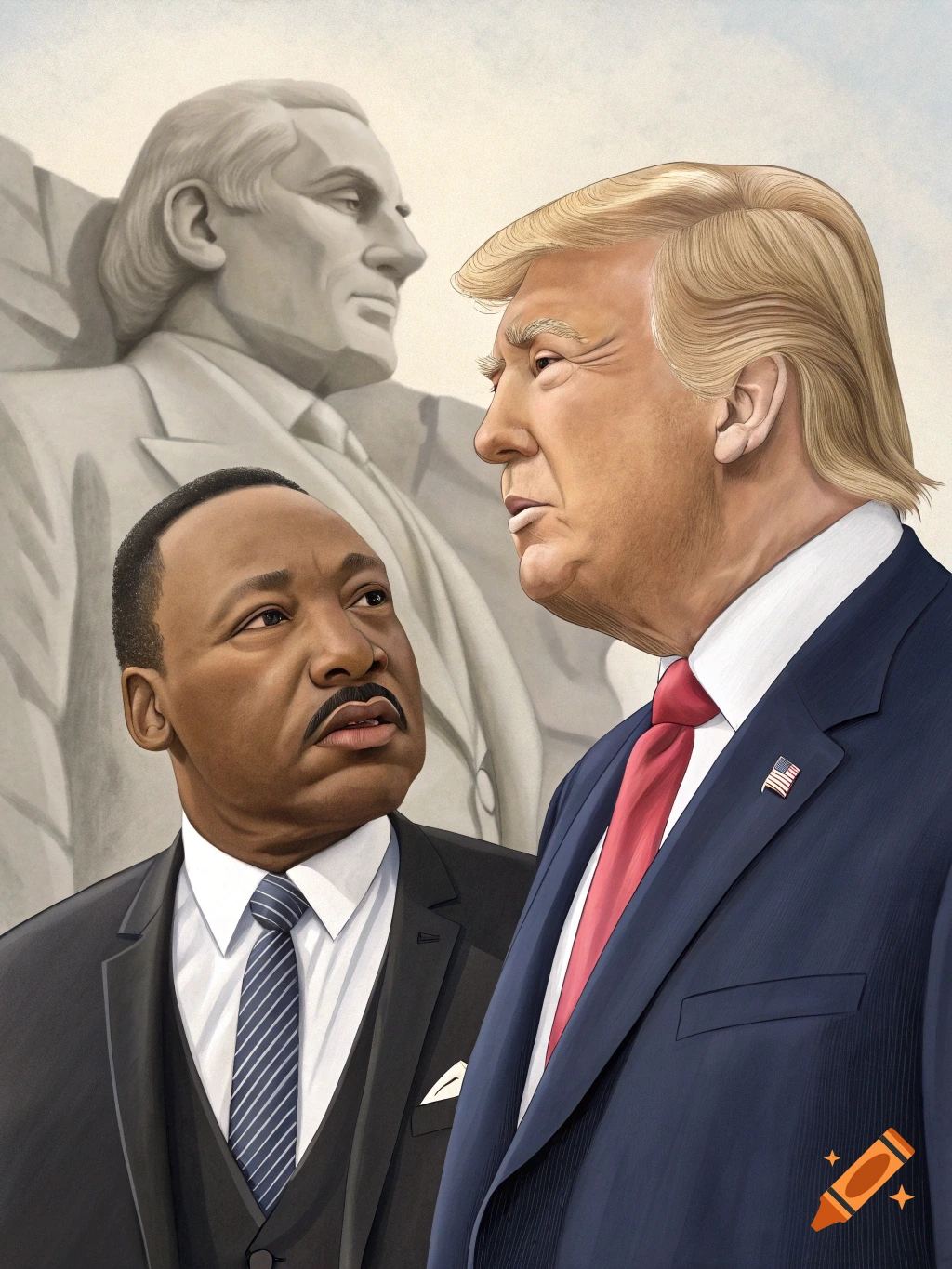 Illustration of Martin Luther King Jr. and Donald Trump with the Lincoln Memorial behind them.