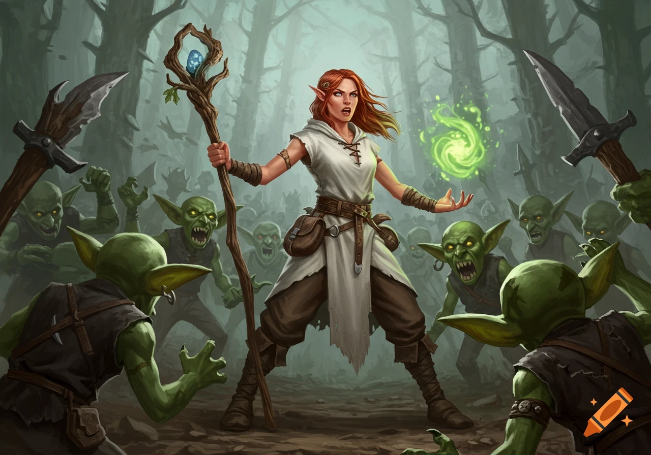 A female mage with a staff casts a spell against a horde of attacking goblins in a forest.