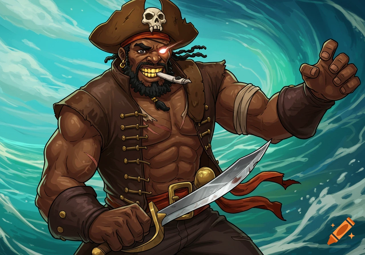 Animated pirate character holding a sword and smoking, with a skull hat, against a sea background.