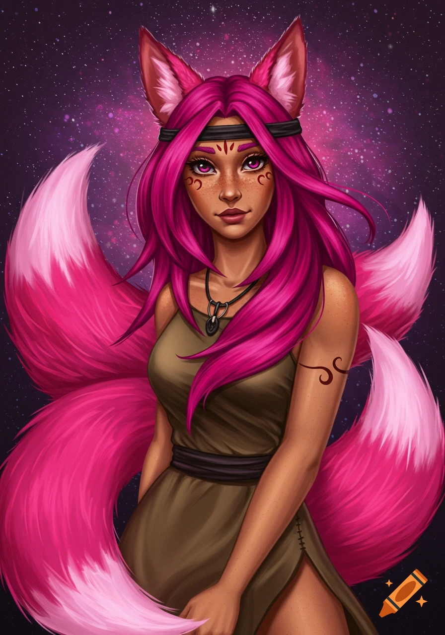 Fantasy portrait of a woman with pink hair, fox ears, and multiple pink tails, standing against a starry sky.