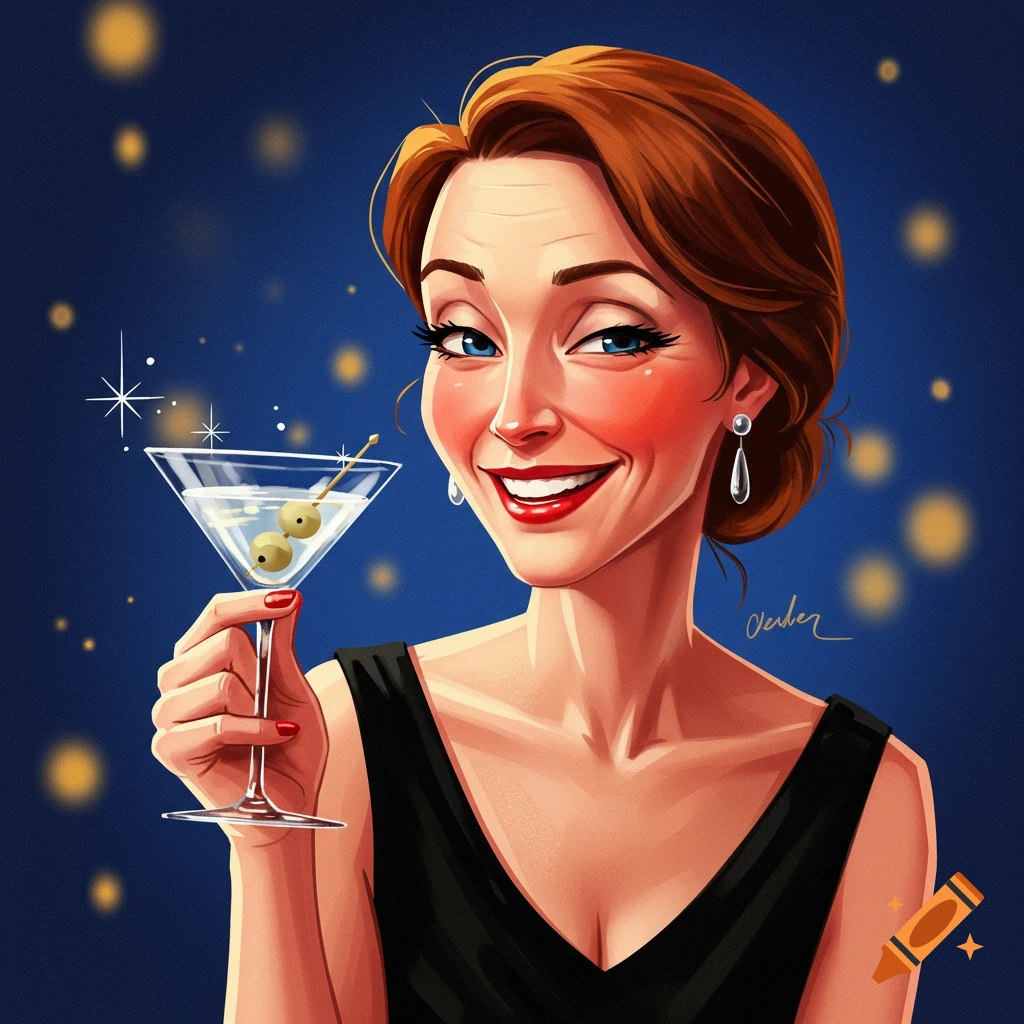 Cartoon illustration of a woman smiling and holding a martini glass.