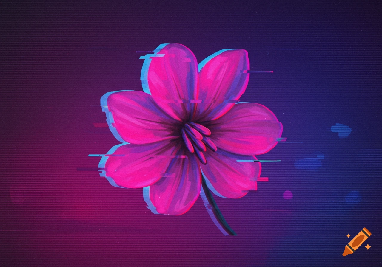 A stylized pink flower with blue and red glitch effects and horizontal scan lines on a purple and blue gradient background.