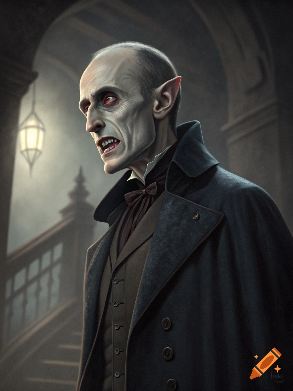 Creepy portrait of a sharp-featured bald vampire in a dark coat.
