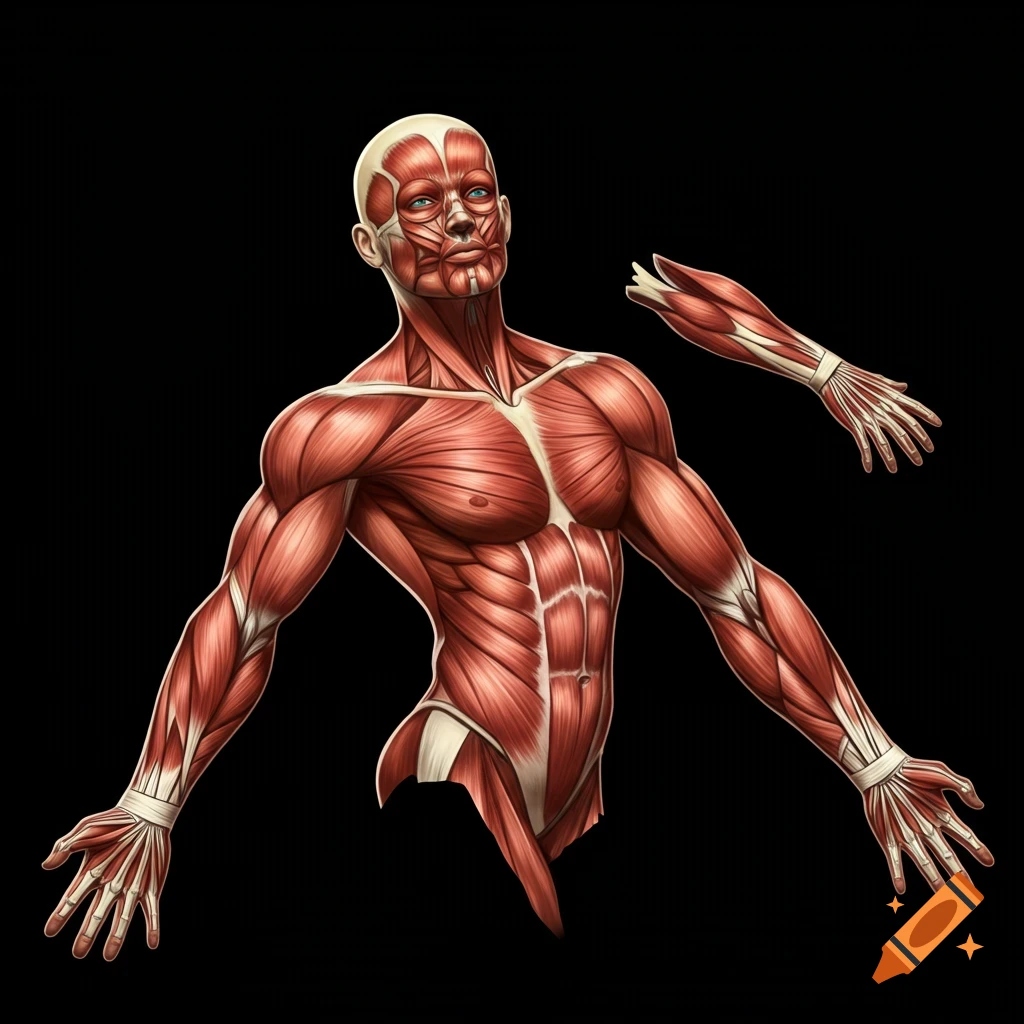 Detailed illustration of the human muscular system, showing the torso, head, and arms, on a black background.