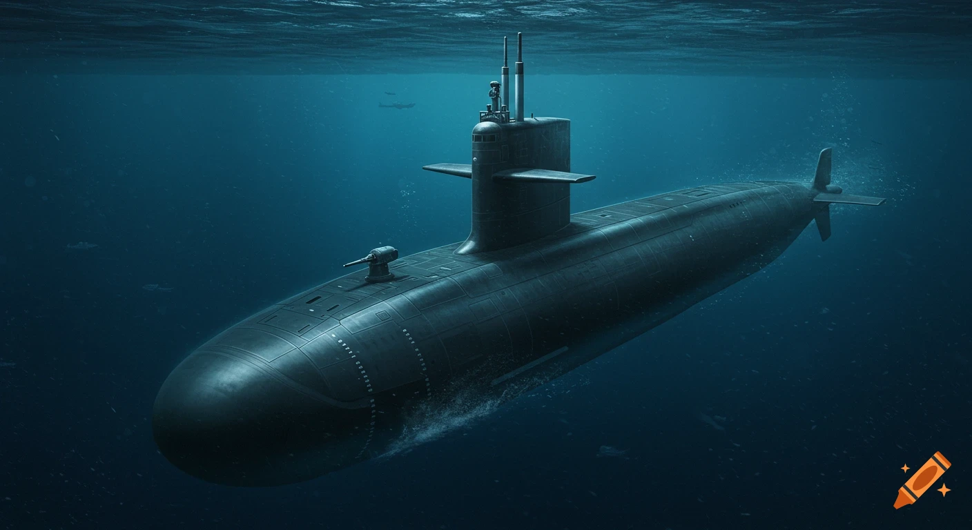 A large submarine cruises underwater in the deep blue ocean.