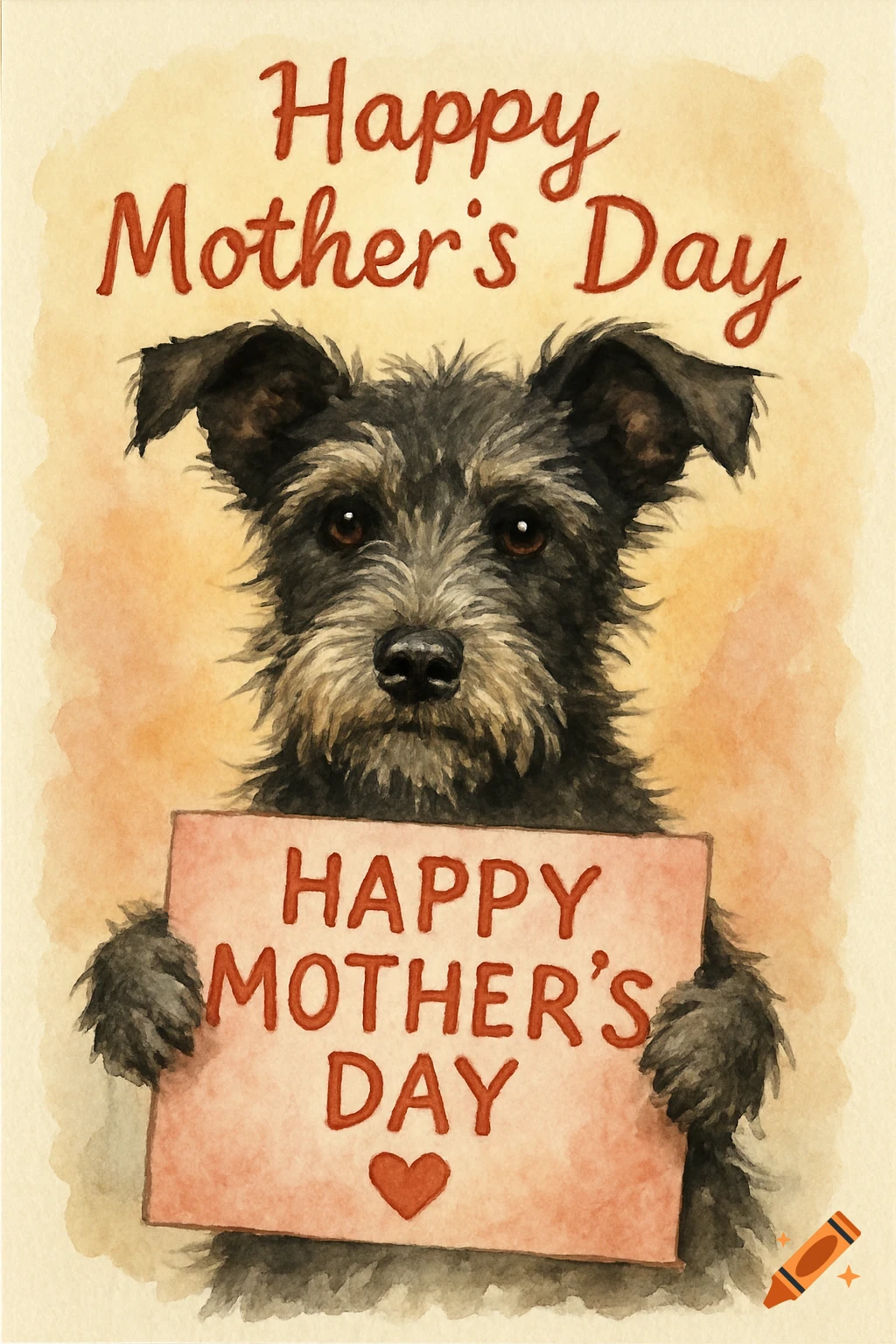 Watercolor image of a scruffy black dog holding a sign that says 'Happy Mother's Day'.