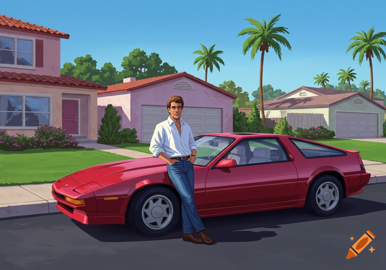 An illustrated scene of a man leaning on a red sports car in a suburban street with palm trees and houses, evoking the 1980s.