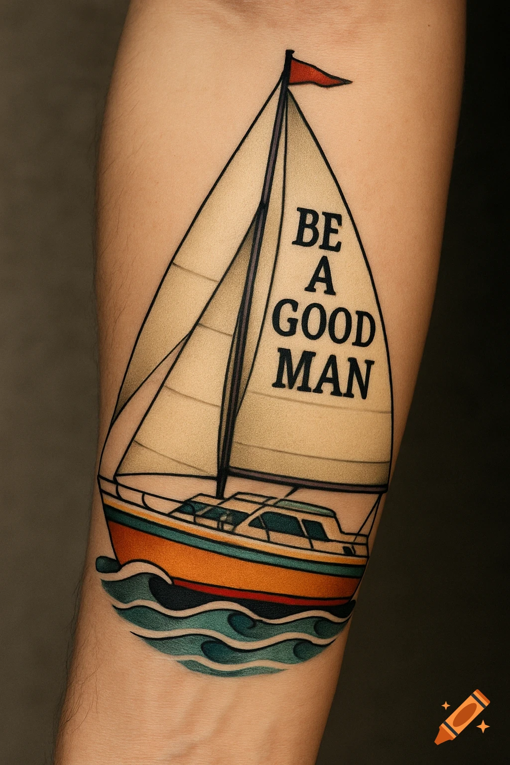 Traditional style tattoo of a sailboat on an arm with 'BE A GOOD MAN' on the sail.