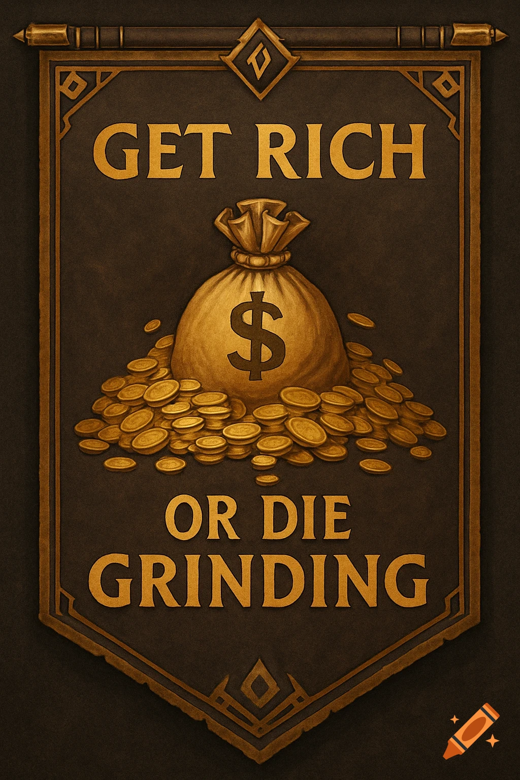 Fantasy banner with a bag of money, coins, and the text 'Get Rich or Die Grinding'.