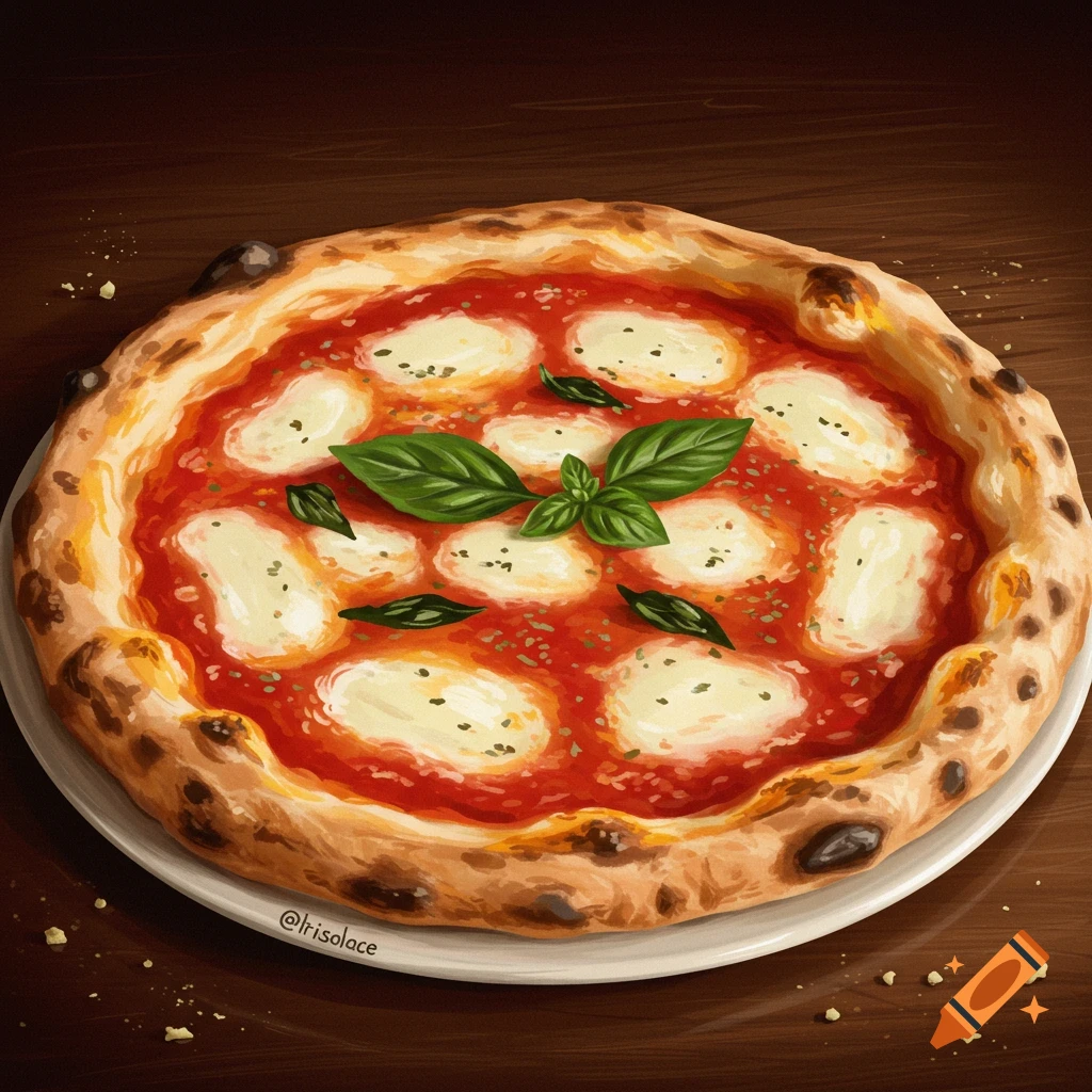 A painted pizza margherita with mozzarella and basil.