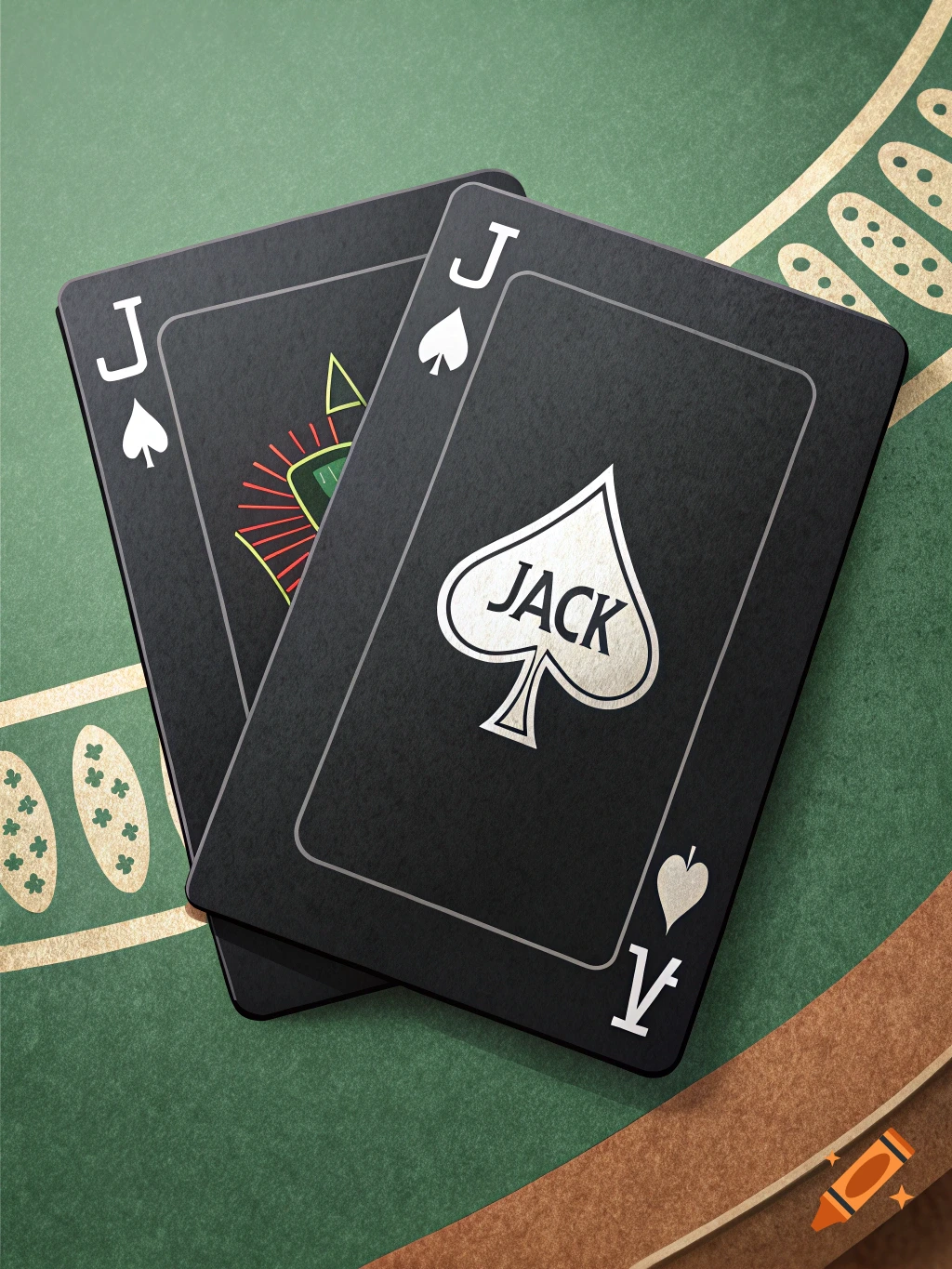 Two black playing cards, one showing the Jack of Spades face up, on a green felt table. Photorealistic style.