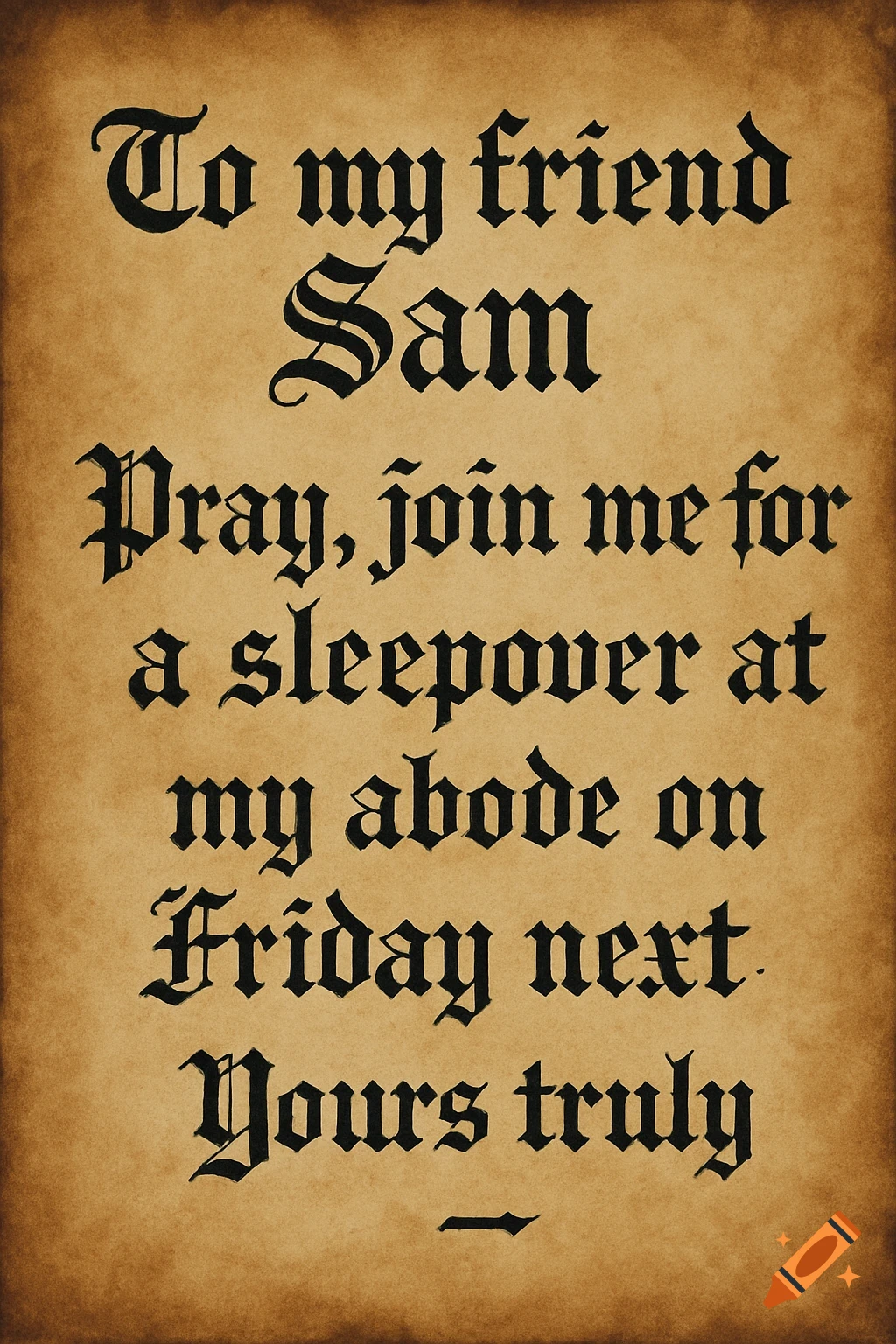 Sleepover invitation in old english script on aged paper.
