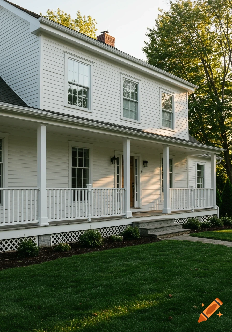 A white two-story house with a porch and steps, surrounded by green grass and trees.