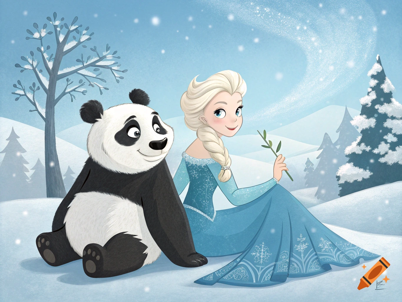A cartoon panda and Elsa sit together in a snowy landscape.