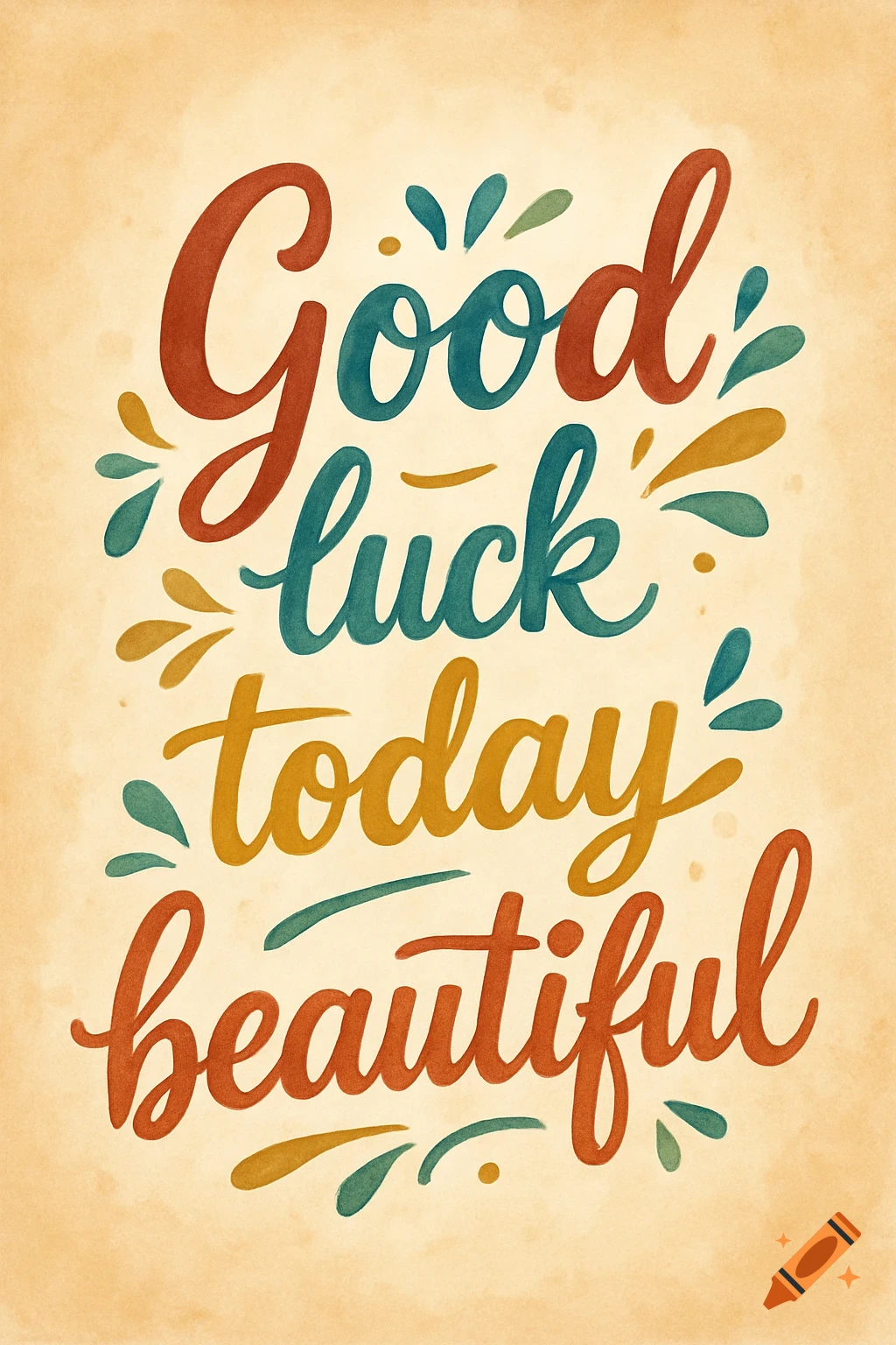 Good luck today beautiful text in colorful hand-lettering style on a textured background.