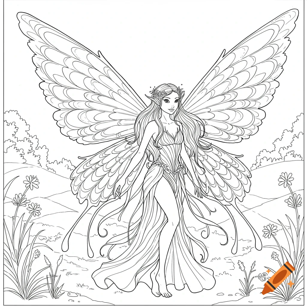 Black and white coloring page of a fairy with large butterfly-like wings standing in a field.