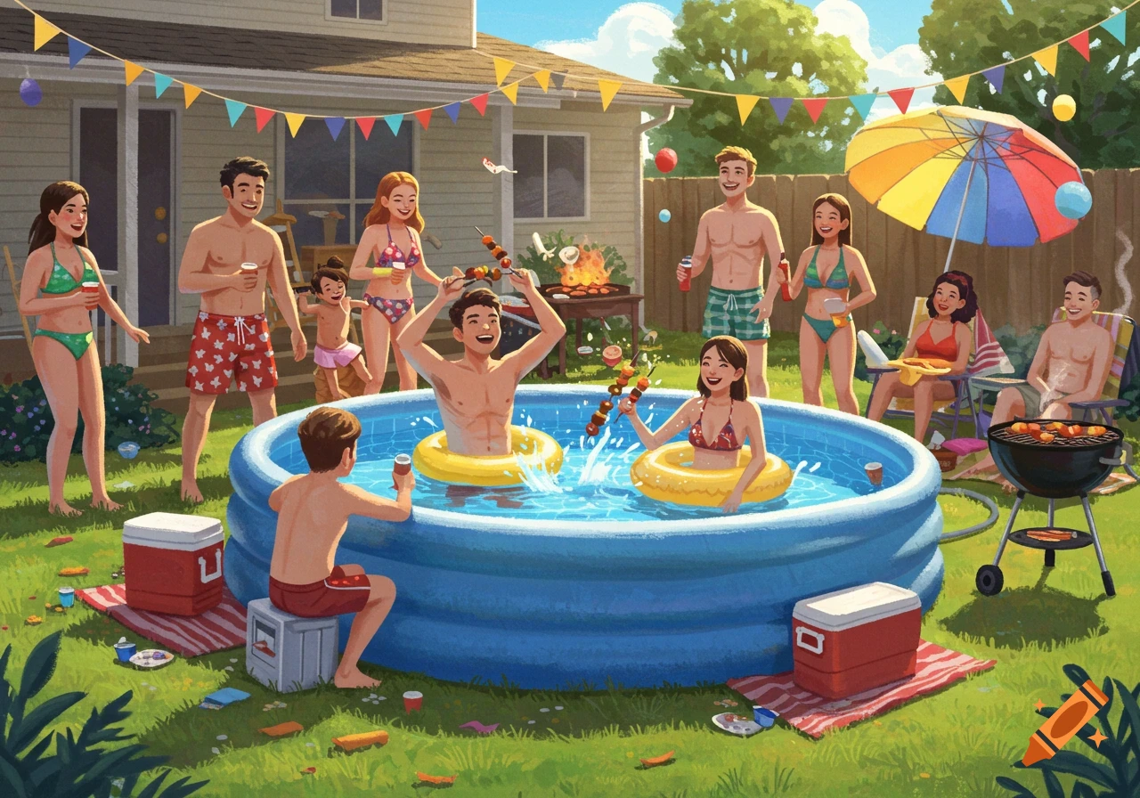 Illustration of a backyard pool party with people swimming, grilling, and relaxing.