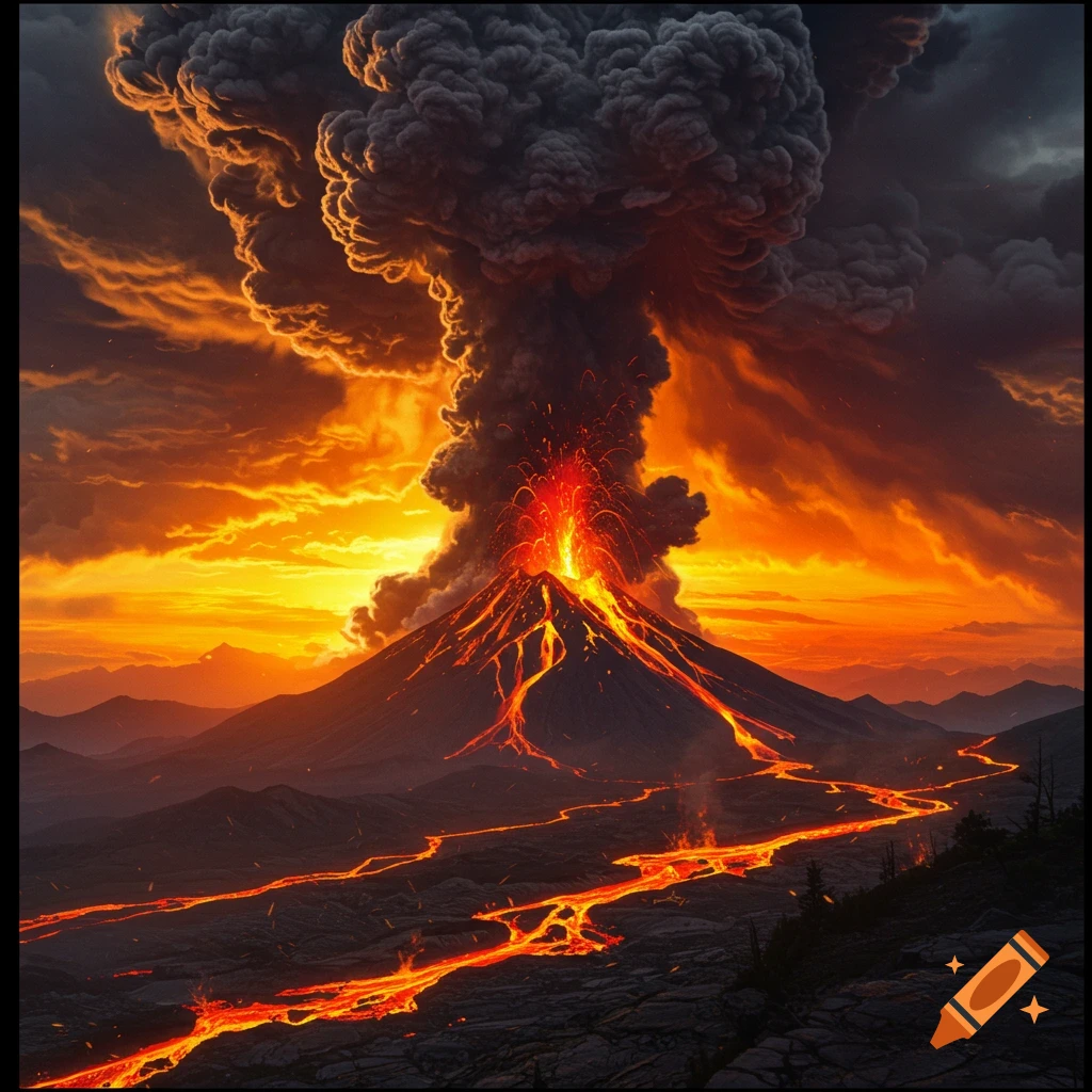 Volcanic eruption with lava flow and large ash cloud against an orange sky.