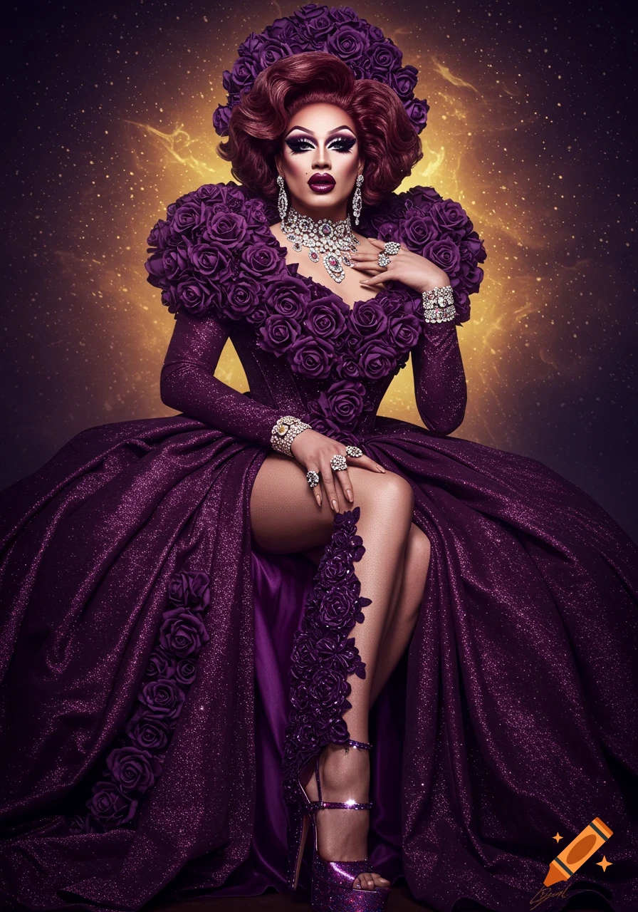 Drag queen in sparkling purple dress adorned with roses and jewelry, sitting against a gold starry background.